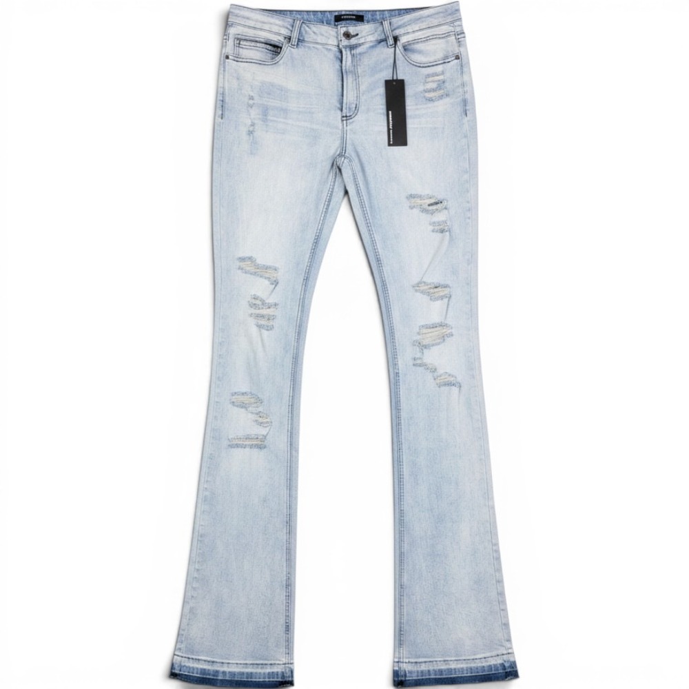 Rockstar Original Stellan Blue Super Stacked Flare Jeans Distressed Mens 44 NEW